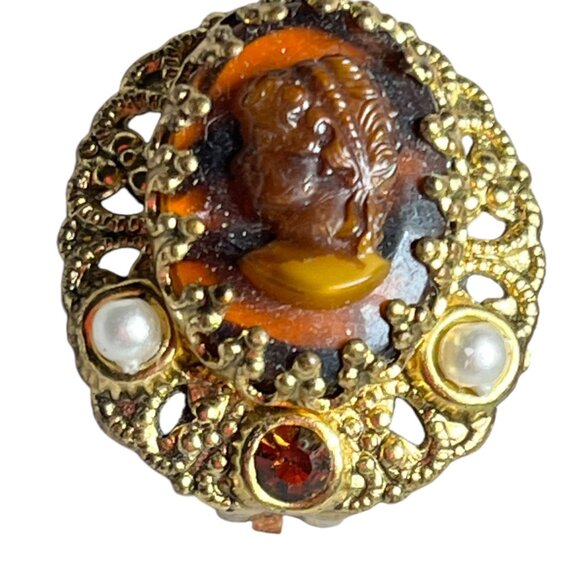 Vintage  WGermany Clip-On Cameo Gold Filigree Faux Pearls Amber earrings - Picture 5 of 6